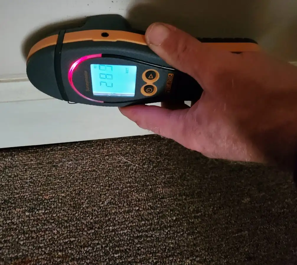 Moisture detection at baseboard during Storm Damage Restoration in Cambridge